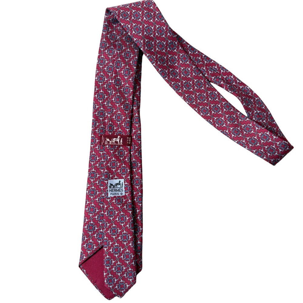 Hermes Paris Silk Tie Red Blue Horsebit Geometric Pattern 7115 FA Equestrian - Picture 2 of 8